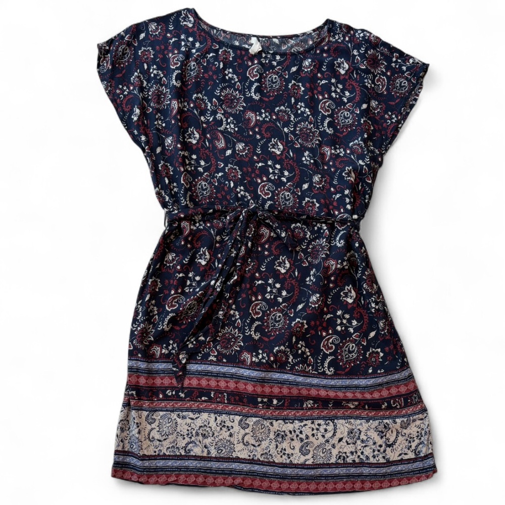 BLL New York Navy Blue Paisley Print Flutter Sleeve Dress Boho Women Medium